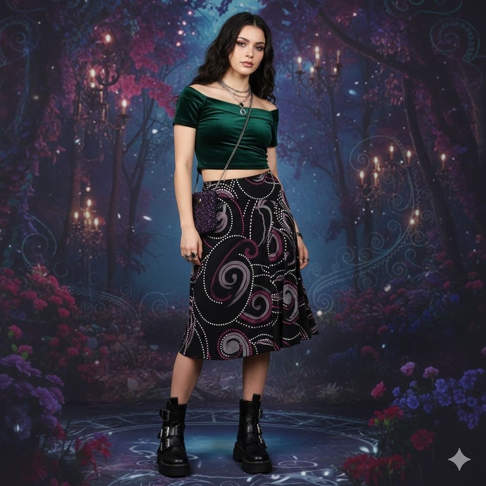 Vintage 90s Y2K La Belle Abstract Swirl Midi Skirt‎ M Fairy Grunge Whimisgoth